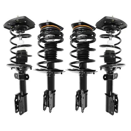 Unity front and rear complete strut assembly kit, four silver struts with coiled springs and top mounts