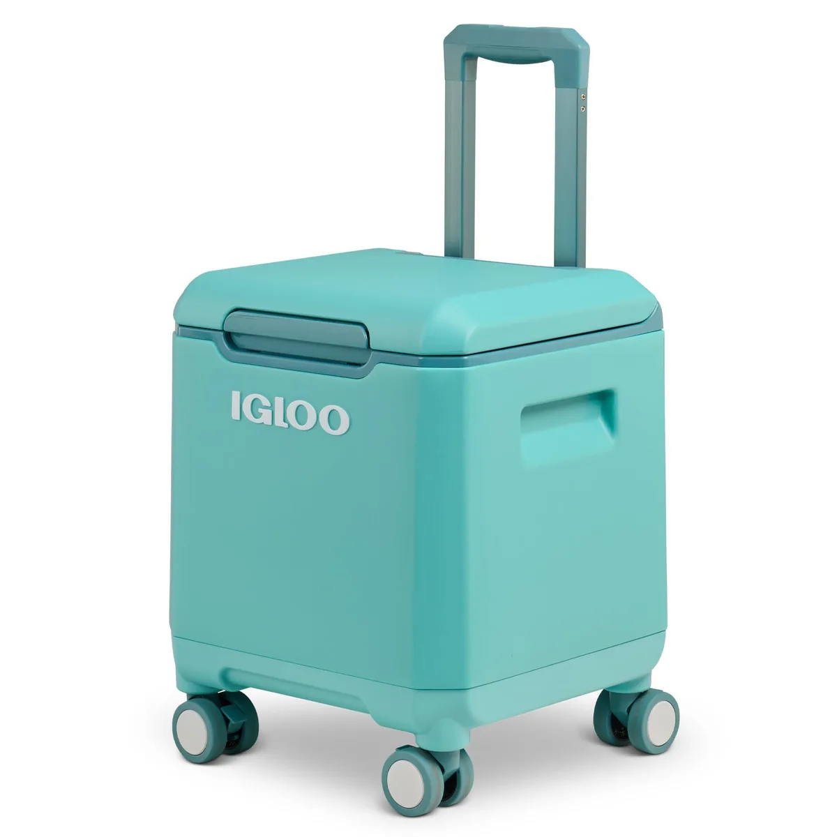 Teal 20 quart hard cooler on four double wheels with telescoping handle