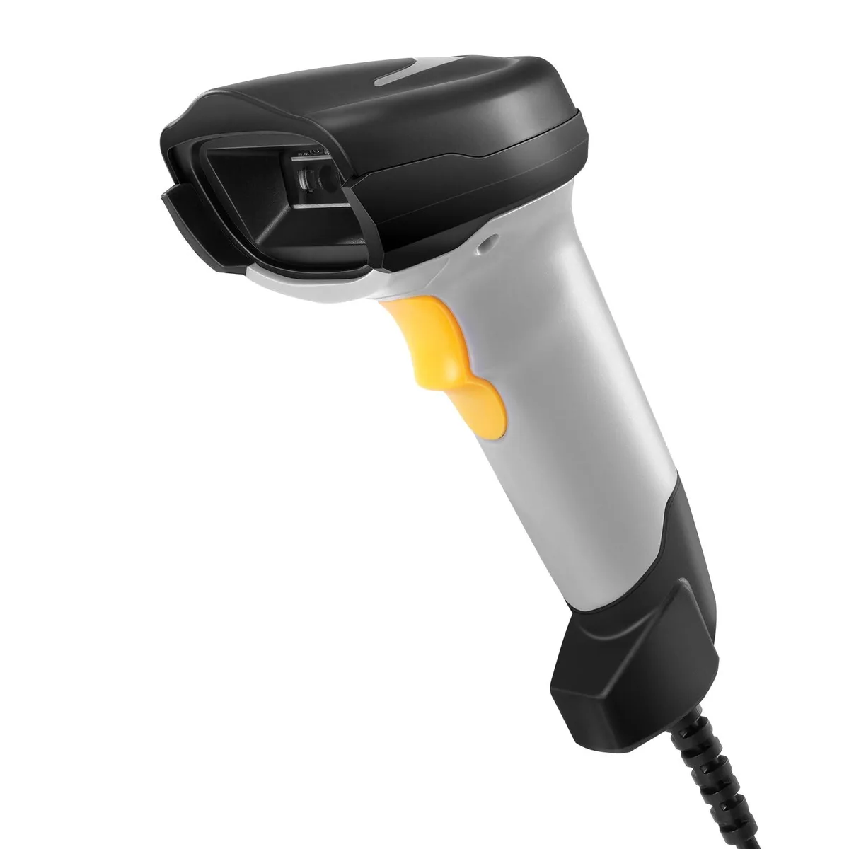 Black handheld barcode scanner with USB cable and RJ45 connector