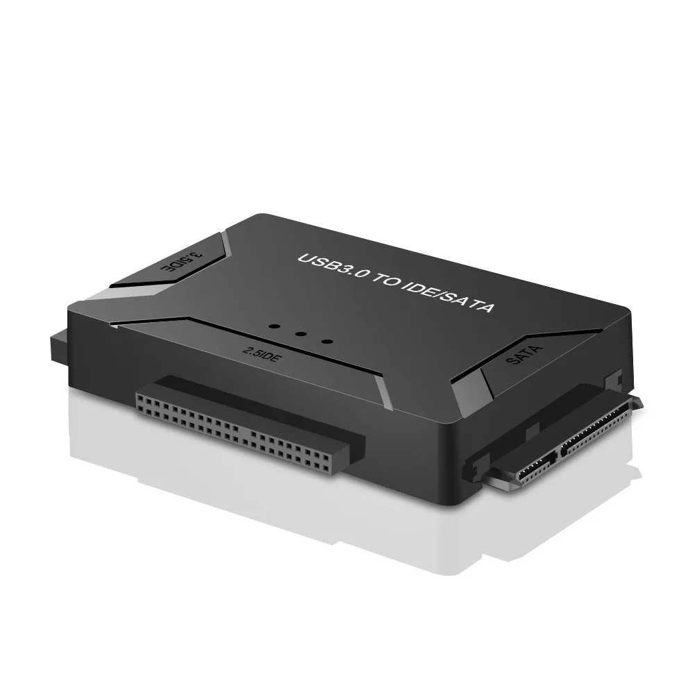 Black USB 3.0 adapter box with SATA and IDE ports, power switch, LED, 12V supply and cable