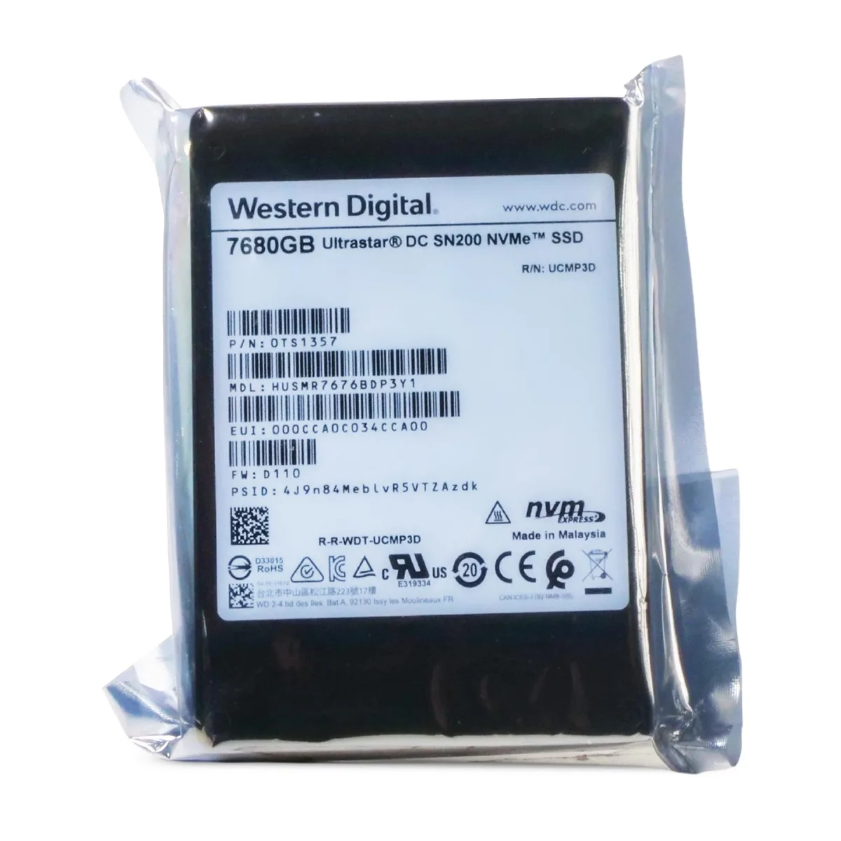 Western Digital Western Digital Ultrastar DC SN200 HUSMR7676BDP3Y1 0TS1357 7.68TB enterprise SSD — product photo