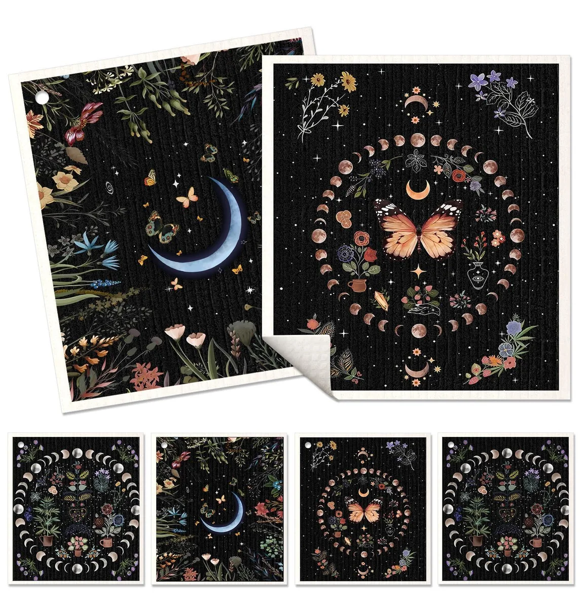 Six rectangular cloths with moon and butterfly prints, thin and flat, white background
