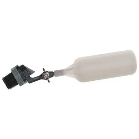 White plastic float valve kit with cylindrical float and adjustable arm