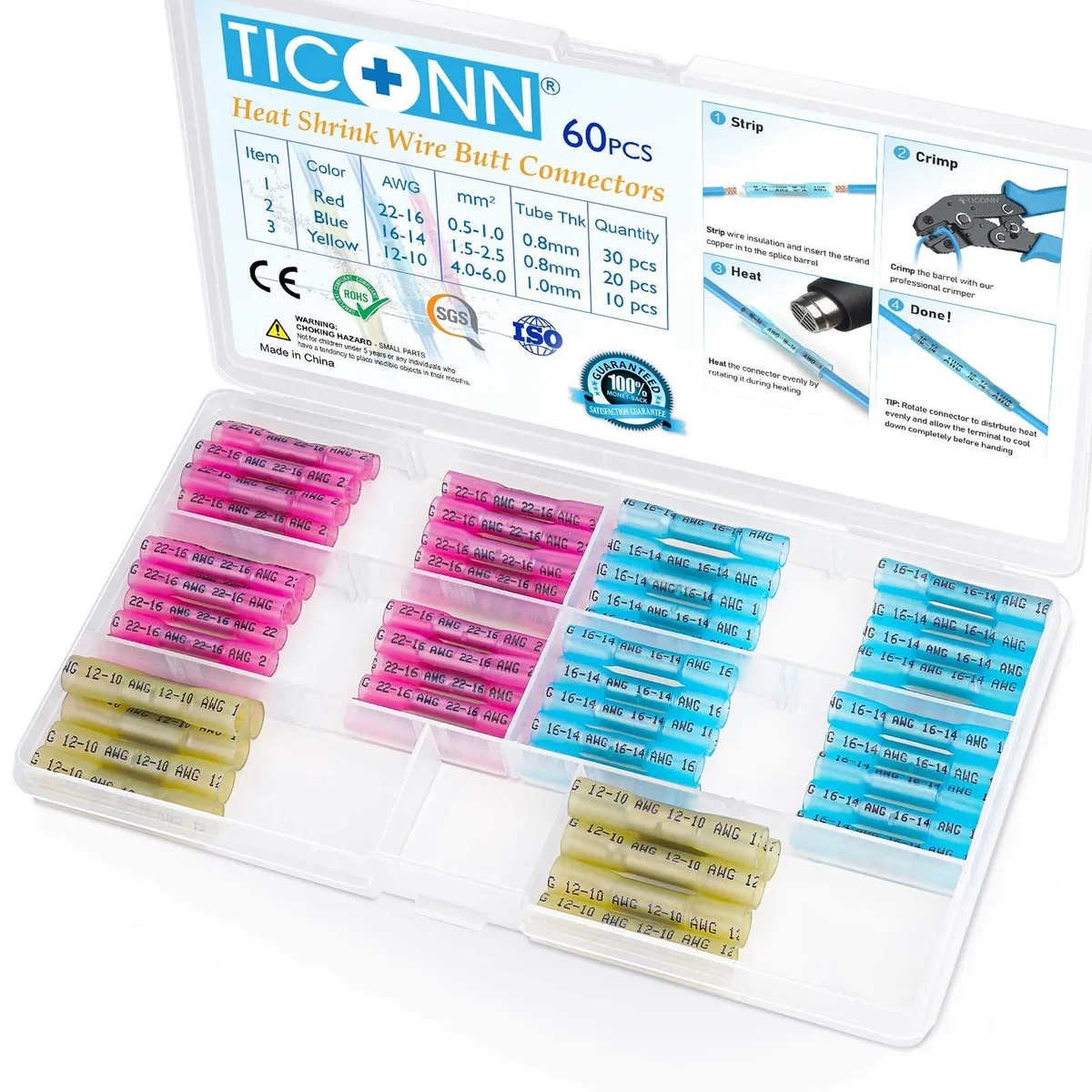 Ticonn 60PCS Heat Shrink Butt Wire Connector Kit Blue — product photo