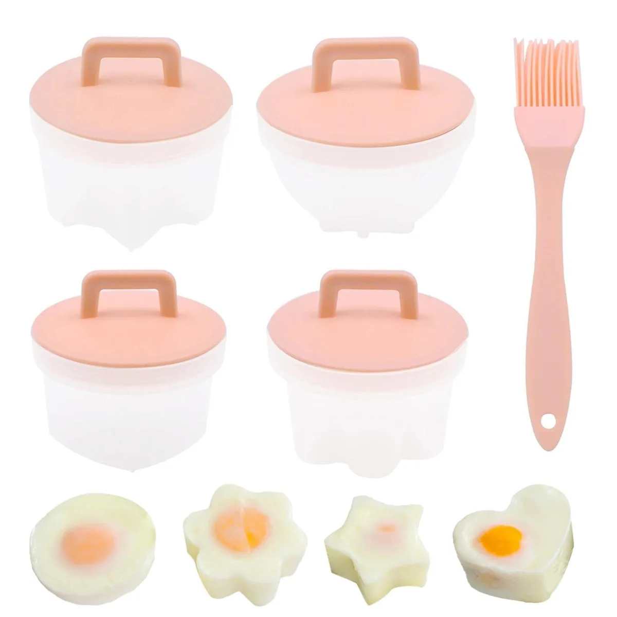Pink plastic egg poacher set with heart, flower, star and round cups plus lid and brush