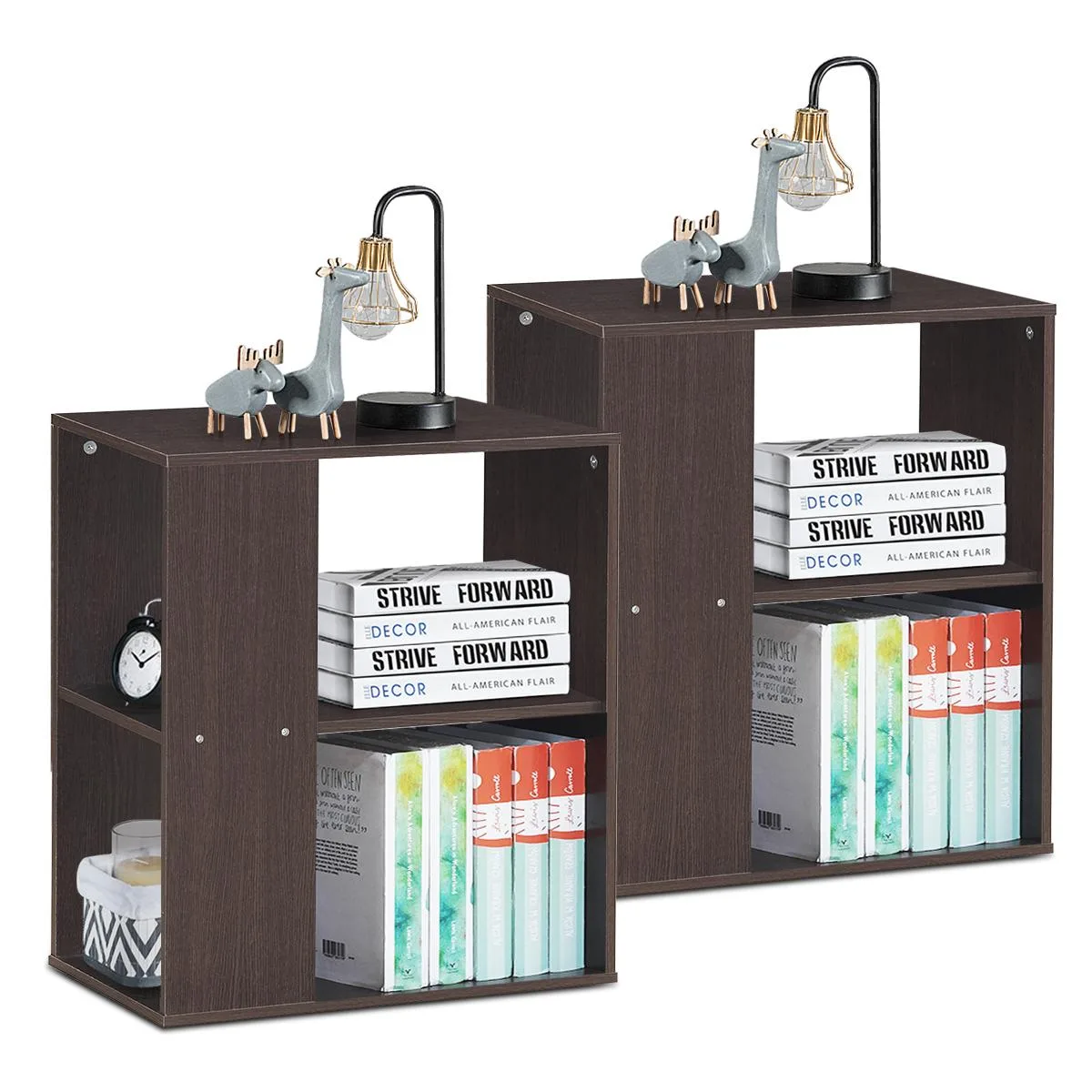 Two brown three-tier end tables with open shelves and foot pads