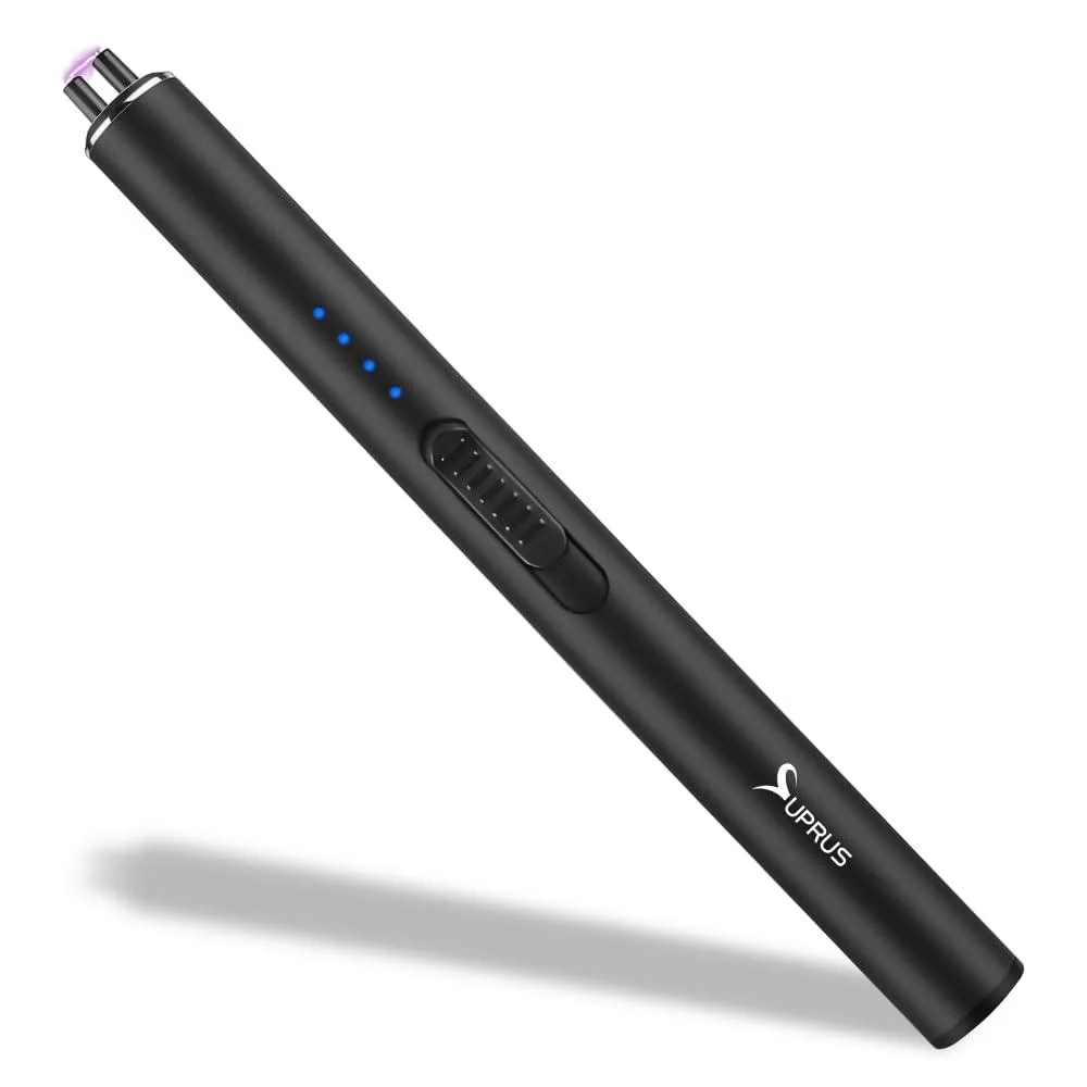 Black aluminium arc lighter with safety lock and four LED battery indicators