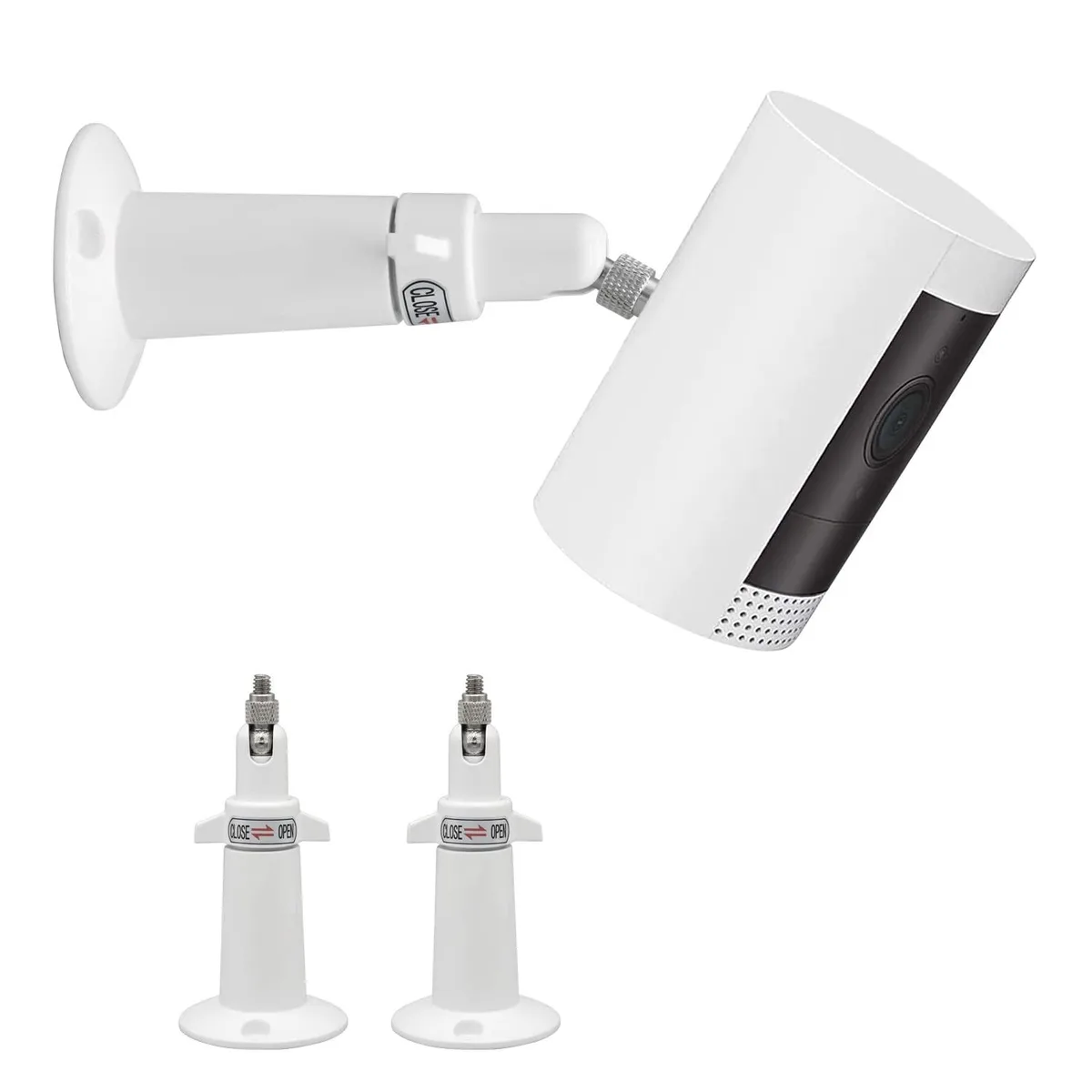 Two white metal camera mounts with adjustable joints on a surface