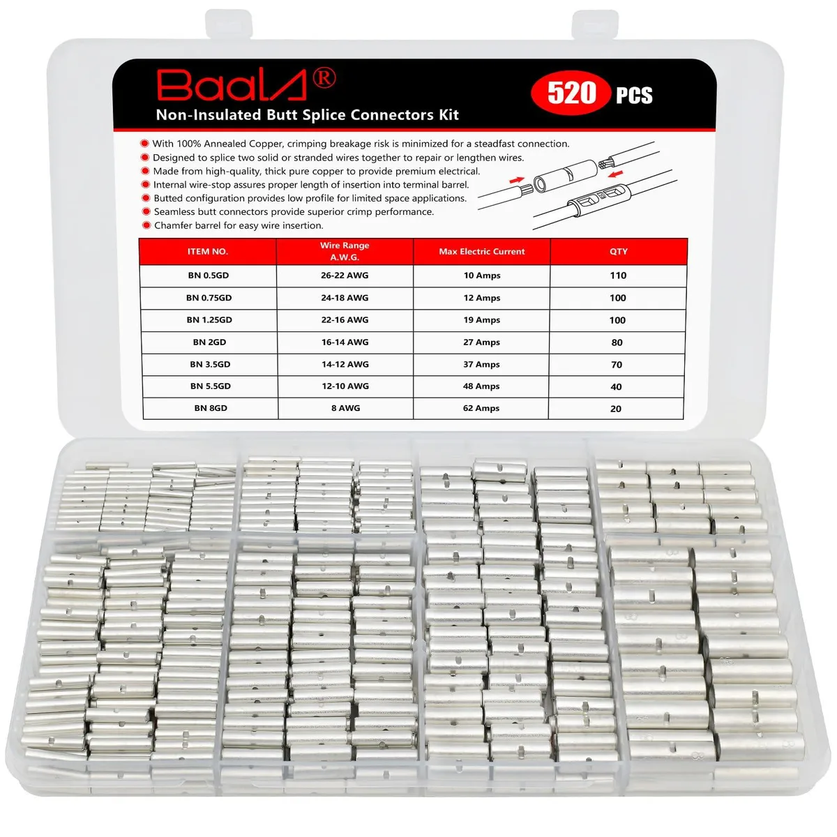  BAALA Non-Insulated Butt Connectors Kit 520 PCS 26-8 Gauge Tinned Copper — product photo