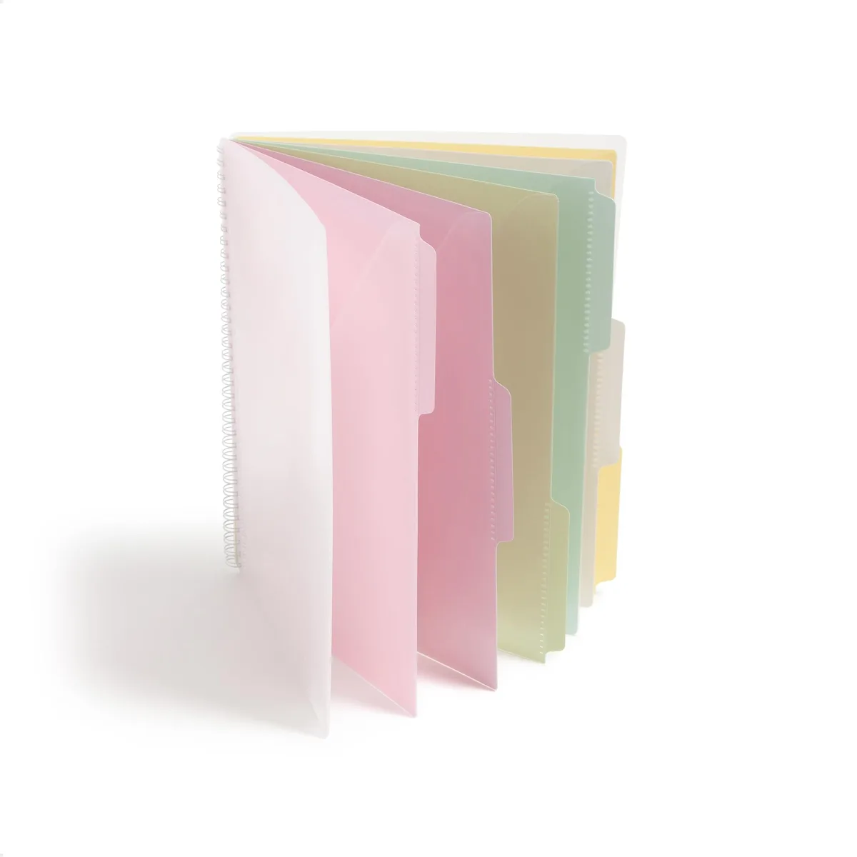 Spiral-bound poly project organizer with twelve pastel pockets and six divider tabs