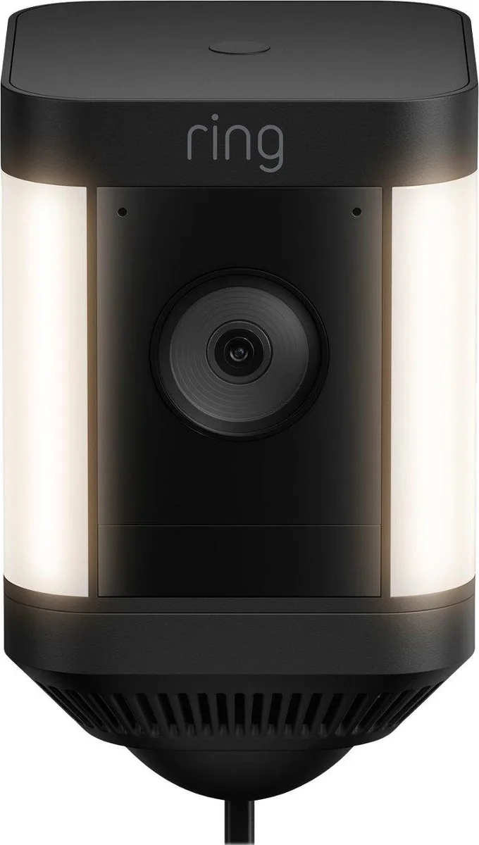 Black rectangular outdoor camera with two LED spotlights, 3.0 by 3.2 by 5.0 inches