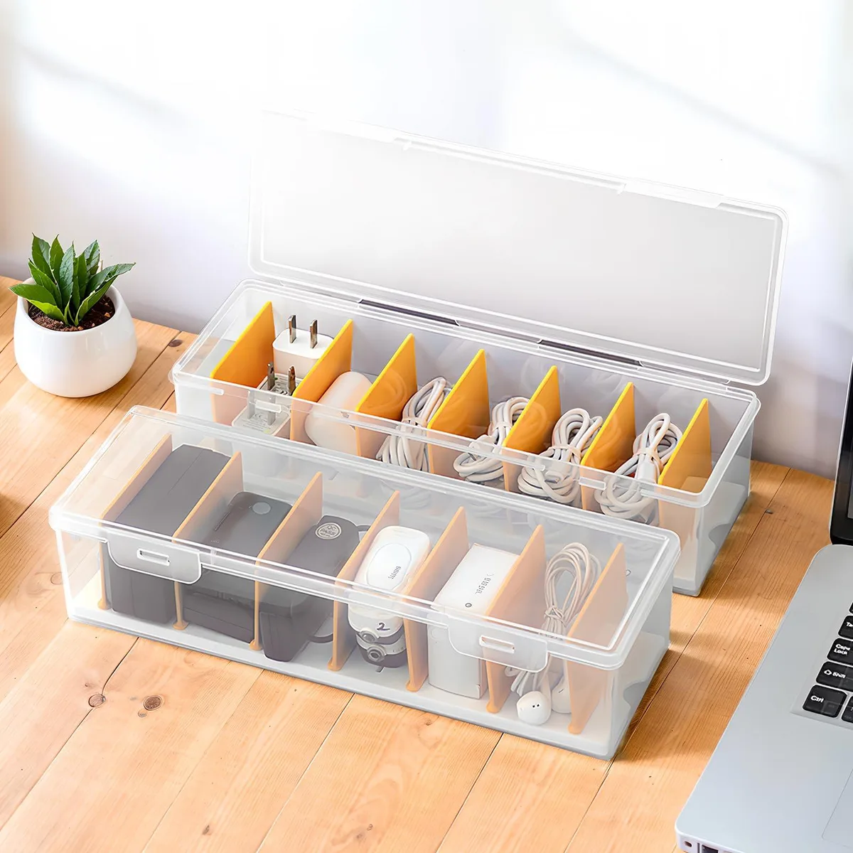 Two clear plastic boxes with lids and removable dividers, each 11.81 by 3.93 by 2.75 inches