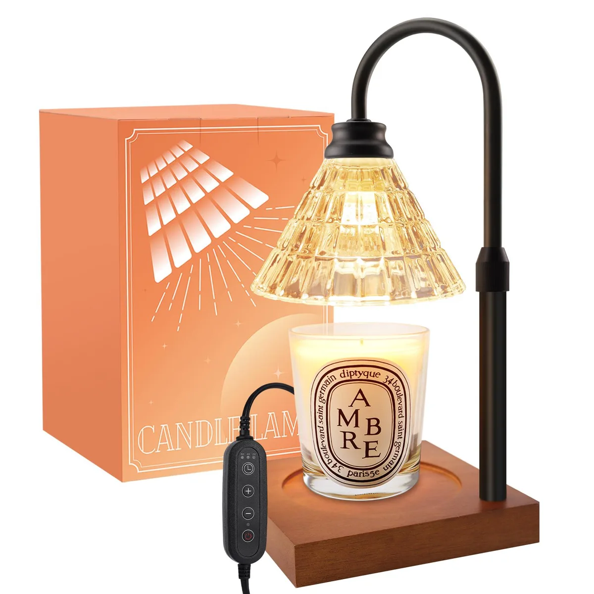 Black matte adjustable candle warmer lamp with wooden base and dimmer control