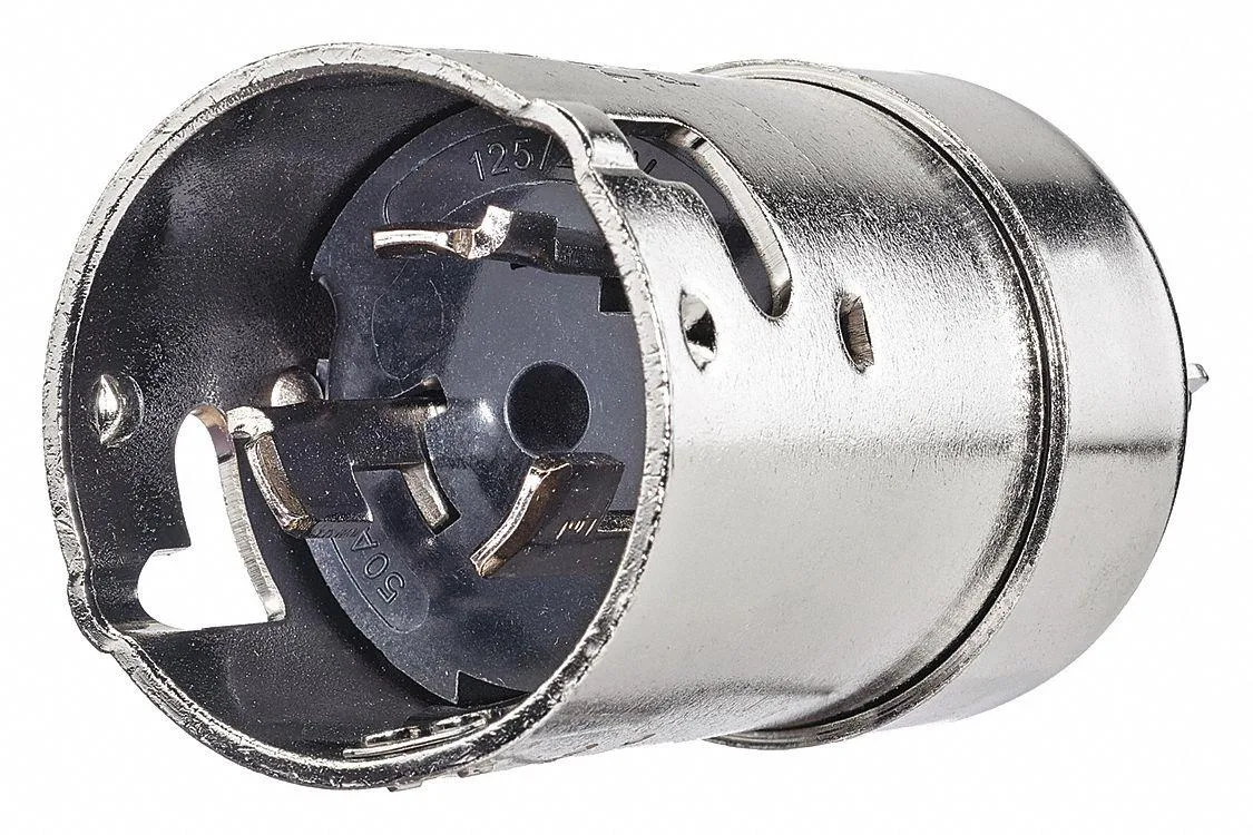Silver industrial straight-blade locking plug with brass contacts, 50 A 125/250 V