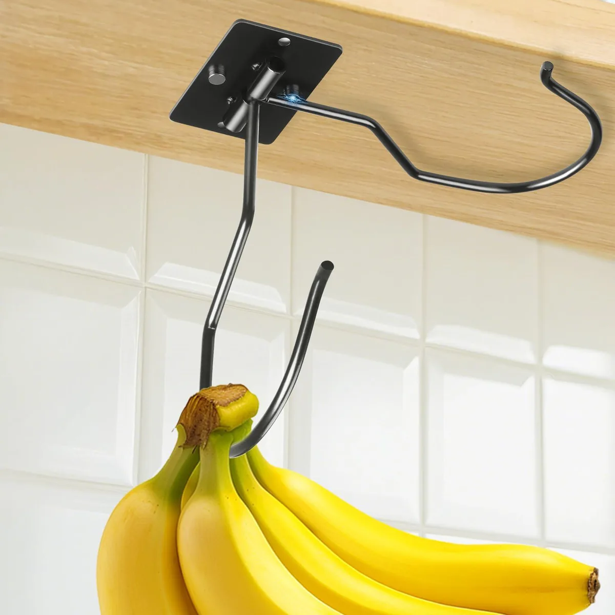 A foldable metal banana hook with matte finish, 5.11 inches long, adhesive or screw mount, holds 13 lbs