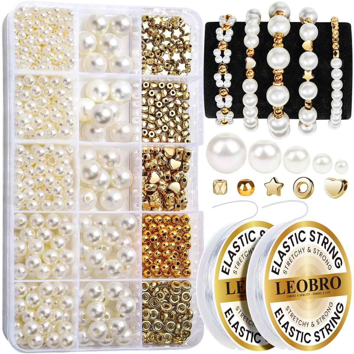 White bracelet kit with pearl and gold beads in storage box
