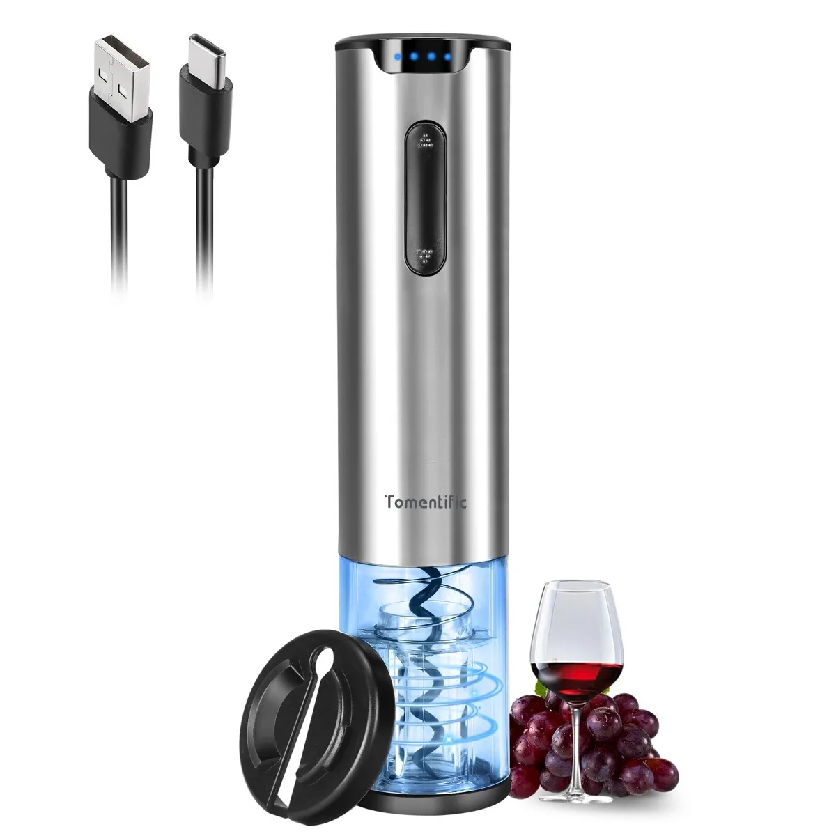 Silver electric wine opener with foil cutter stand, LED lights, Type-C charging, 0.372 kg