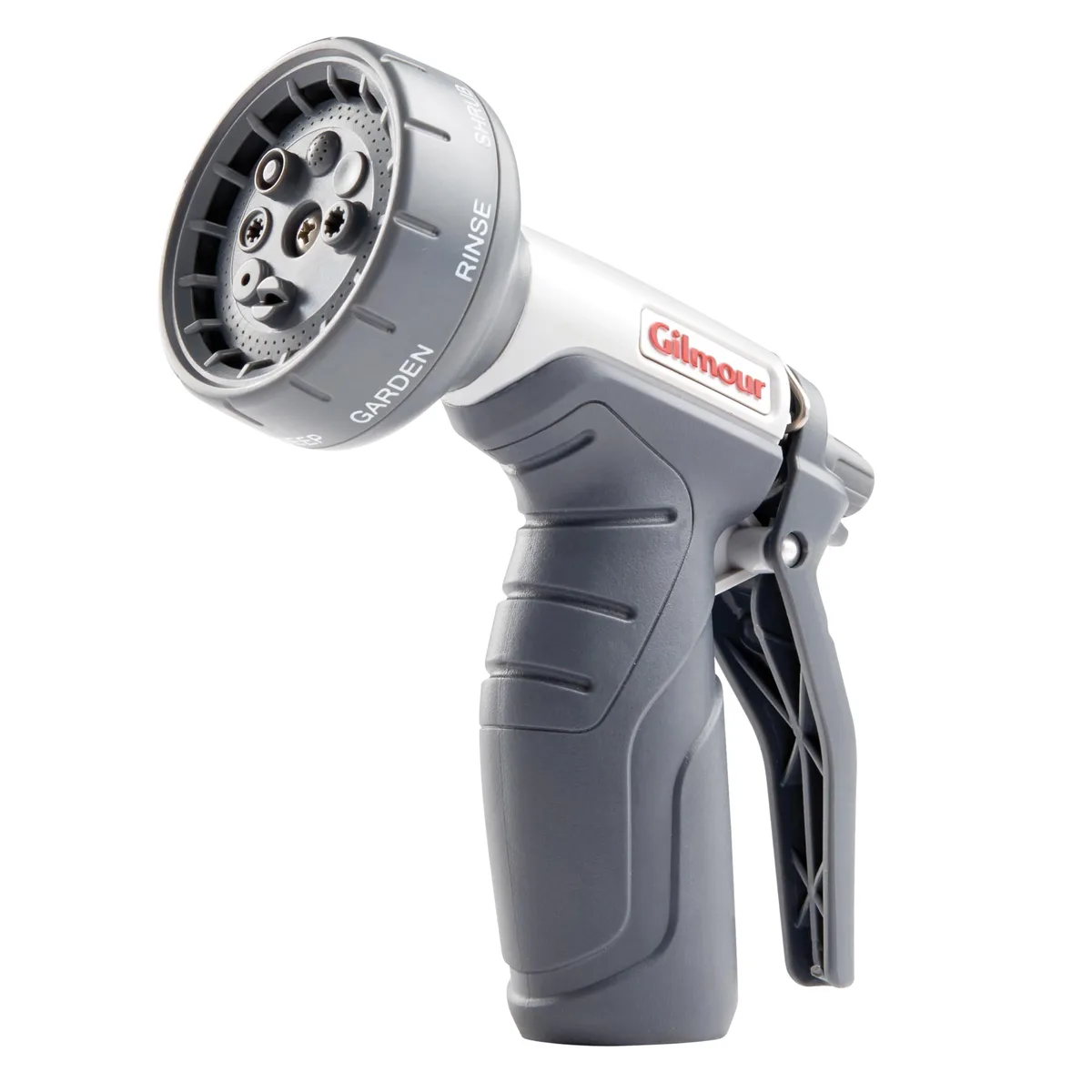 Light-duty garden hose nozzle with rear control and eight spray settings
