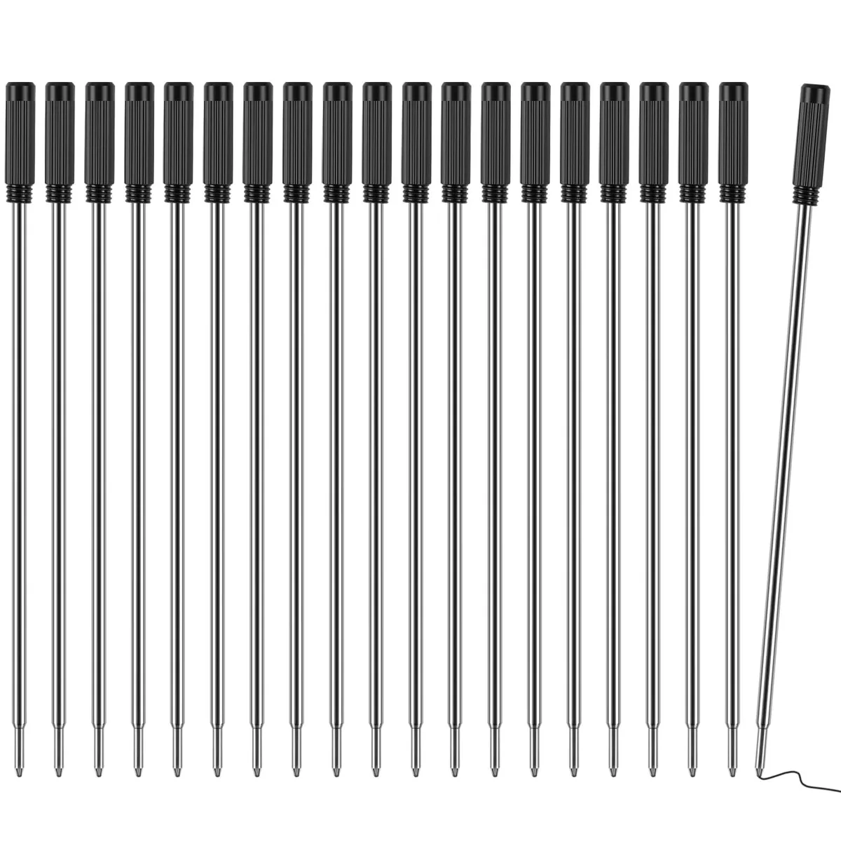 Twenty black ballpoint refills in a clear pack, 1 mm medium tips, metal barrels
