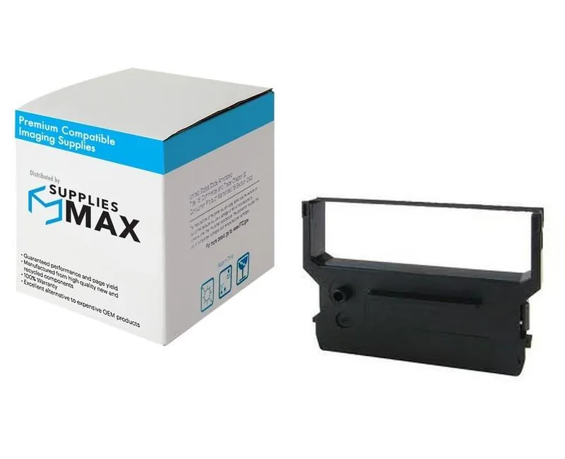 Six black printer ribbons in a clear plastic pack