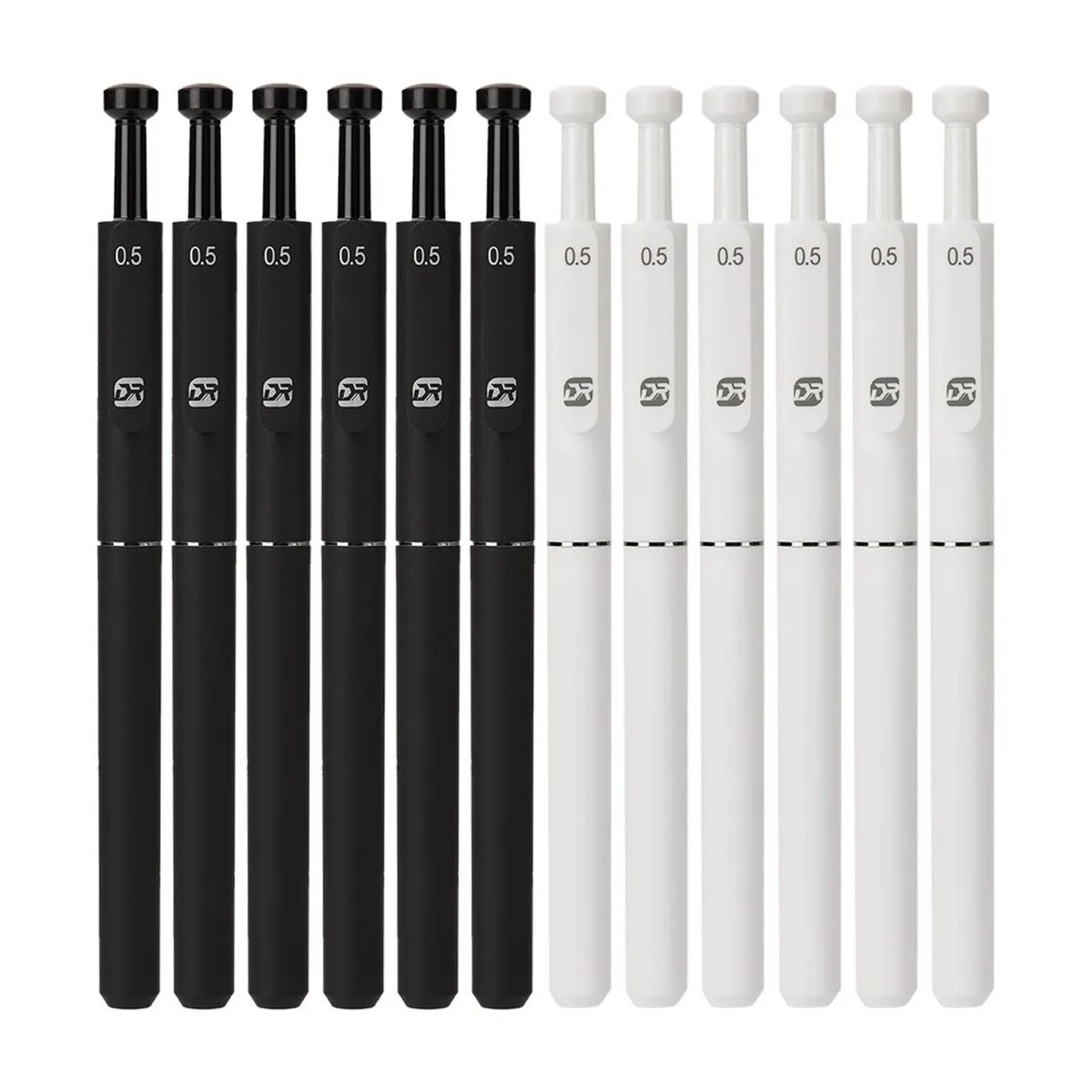 A box of twelve black gel pens with 0.5 mm fine points and contoured grips