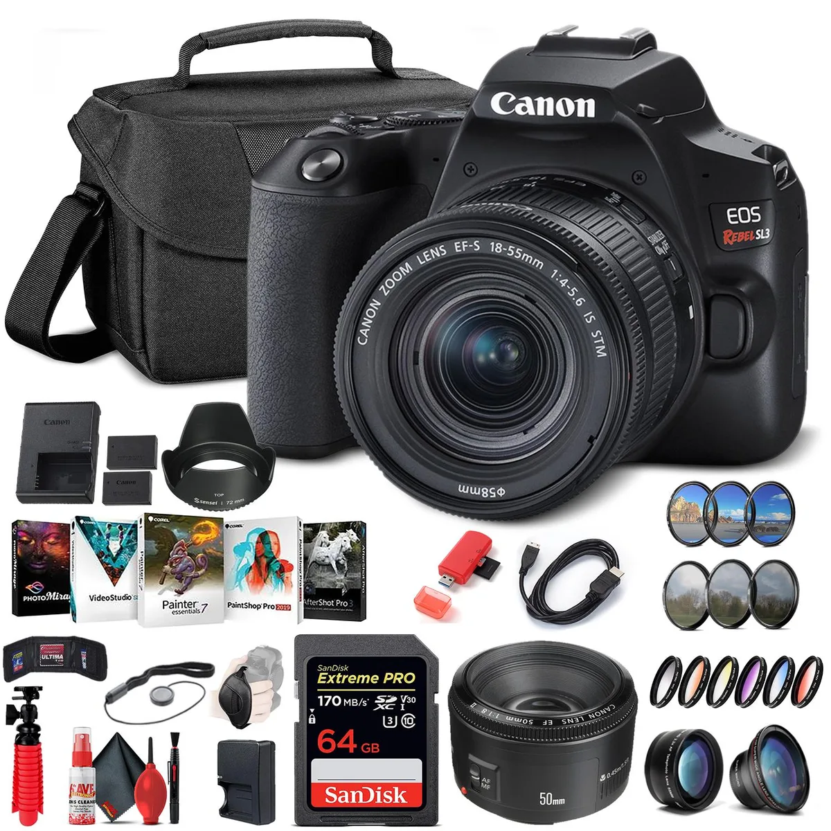 Canon Canon EOS Rebel SL3 DSLR camera with 18-55mm lens and 50mm f/1.8 lens bundle — product photo