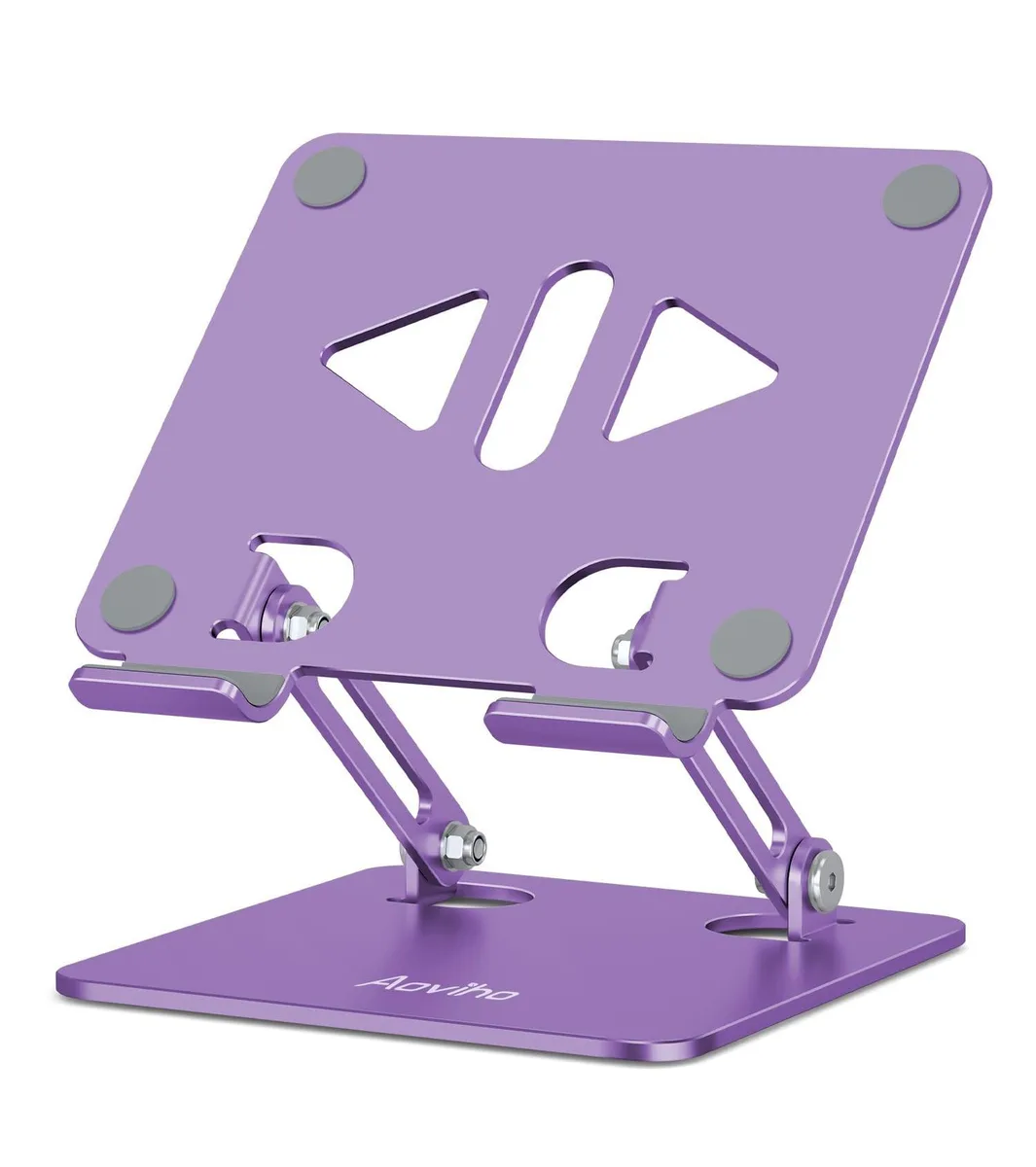 Purple aluminium tablet stand, foldable hollow design, adjustable angle, rubber grips