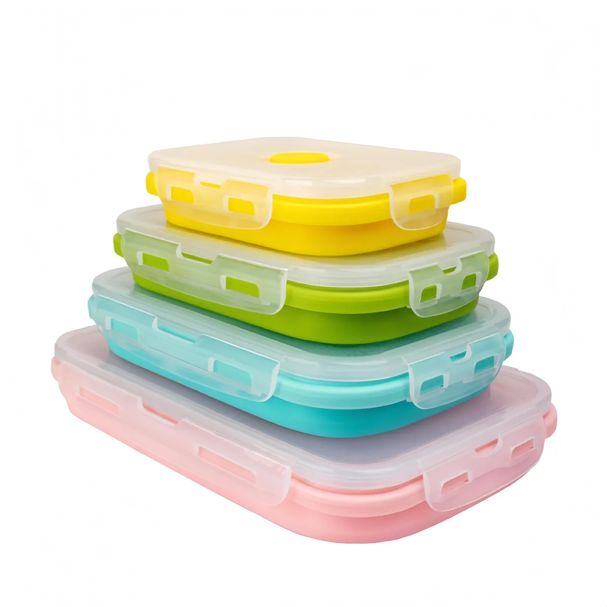 Set of ten blue collapsible silicone containers with clip-on lids