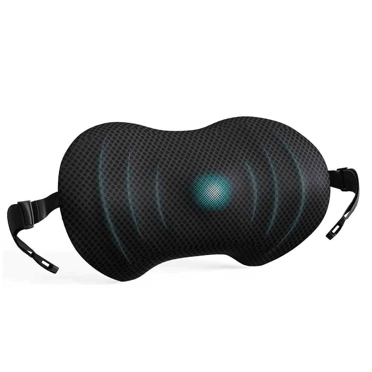 Black lumbar support pillow with contoured memory foam core and breathable mesh cover, adjustable elastic straps, pack of 10