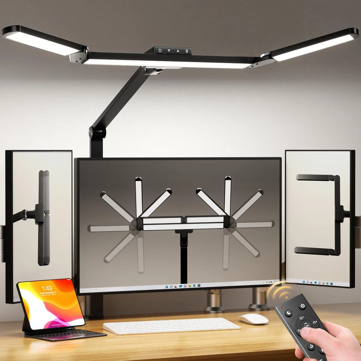 Deep black rectangular three-bar LED desk lamp with clamp base and remote control