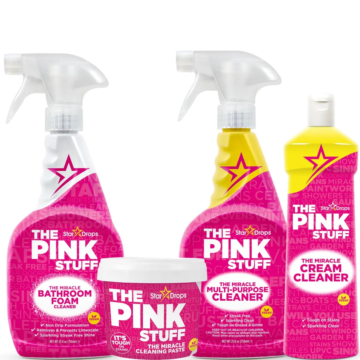 Cardboard box containing four pink cleaning bottles and a paste tub