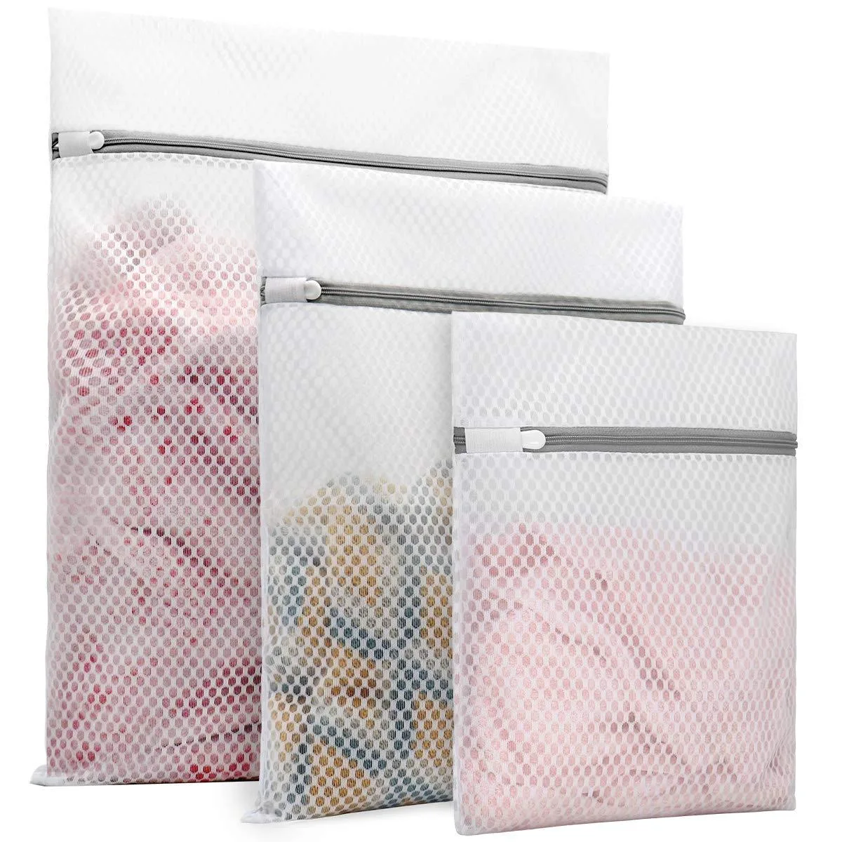 White rectangular honeycomb mesh laundry bag with zipper closure 16 by 20 inches