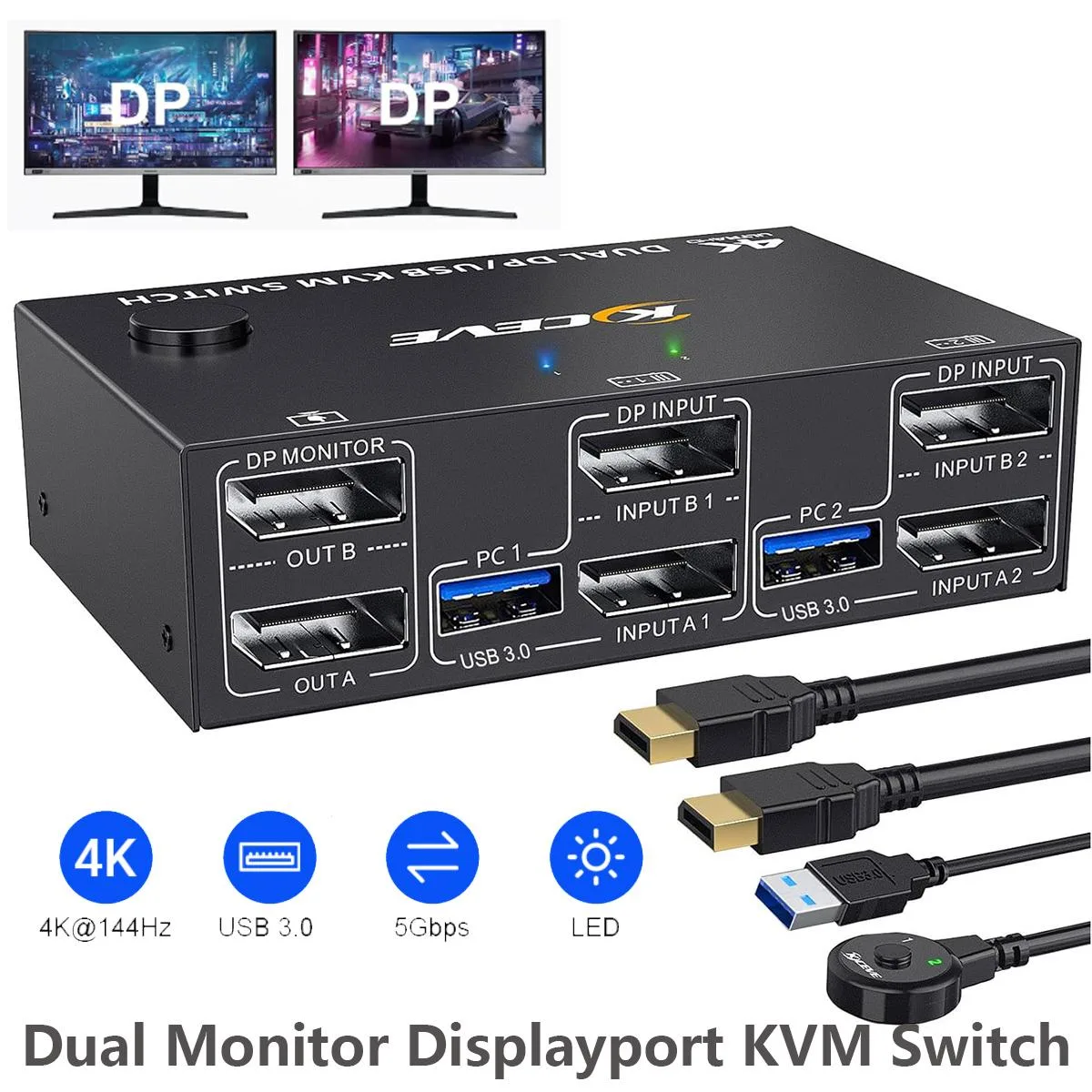 Hitoor Hitoor KC-202DP 2-Port DP 1.4 KVM Switch 4K@144Hz USB 3.0 Wired Remote — product photo