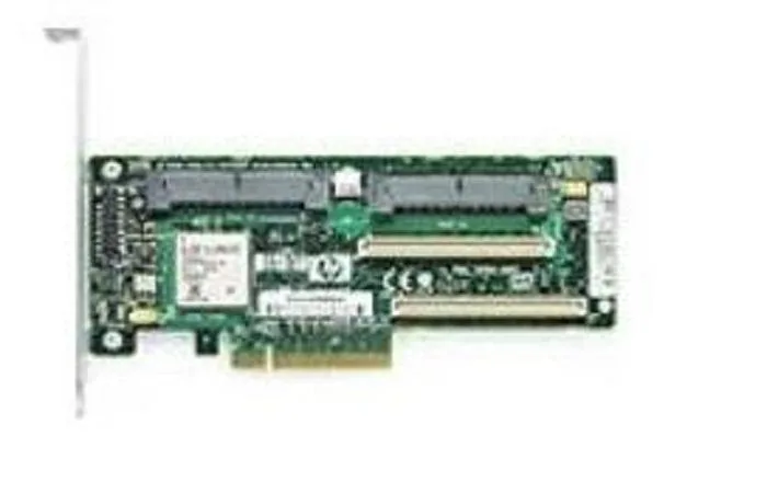Low-profile PCIe RAID controller card, green PCB, metal bracket, 0.7 by 6.6 inches