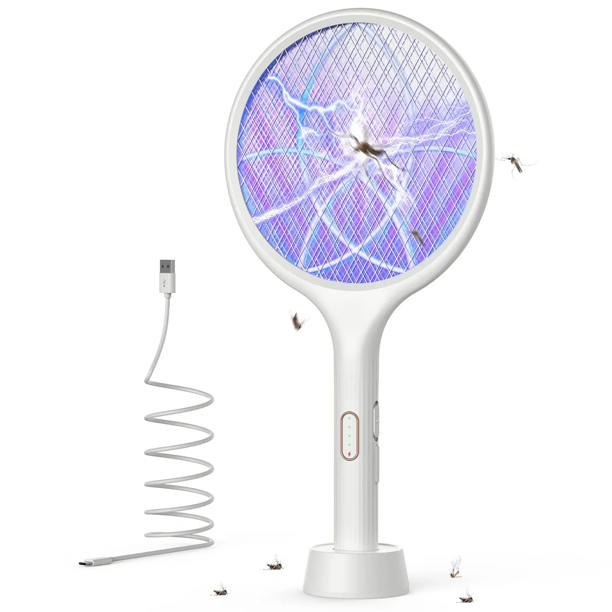 Two white electric fly swatters with charging base and purple UV light, rackets on stand, long USB cable visible
