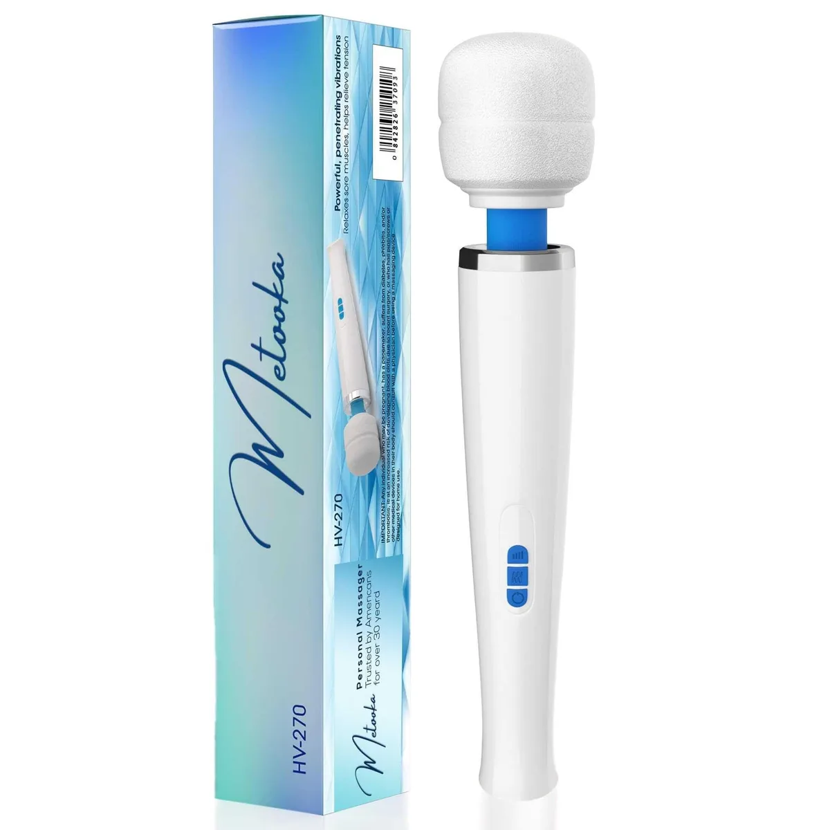 White and blue handheld massage wand, flexible head, rechargeable, 425 grams