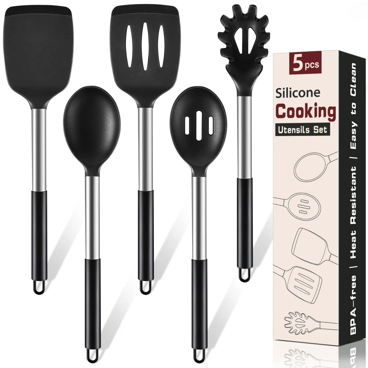 Five black silicone cooking utensils with hanging holes