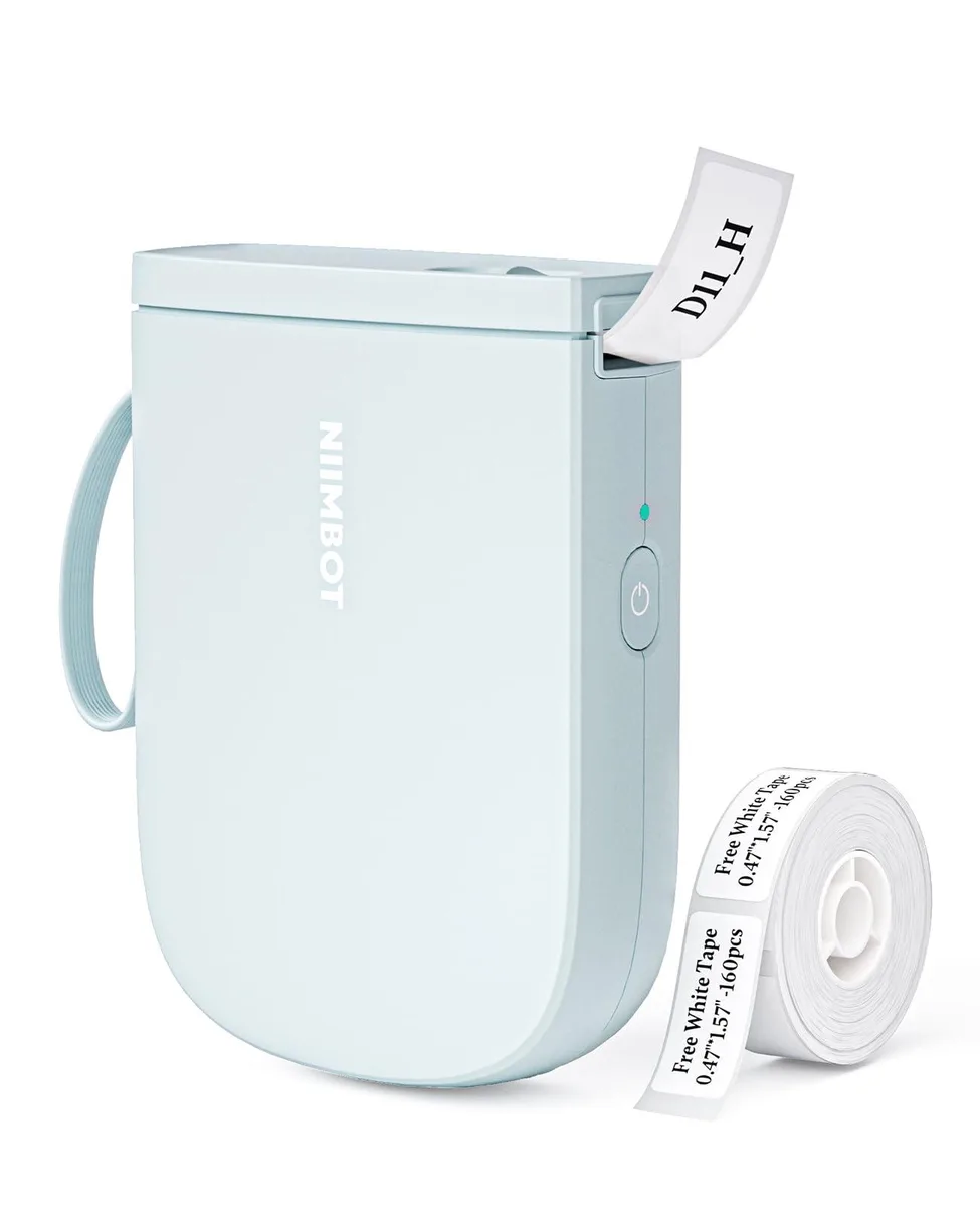 Compact blue label printer with rounded edges and a tape slot visible