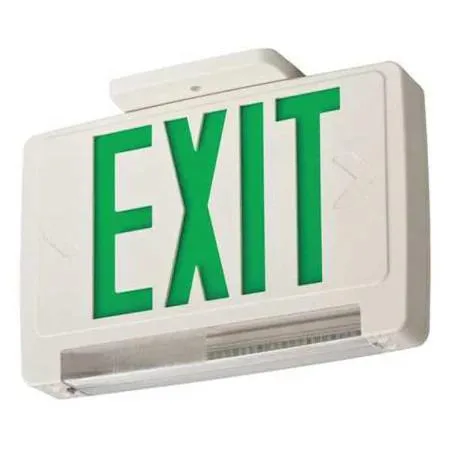 White plastic exit sign with two adjustable emergency light heads and green lettering