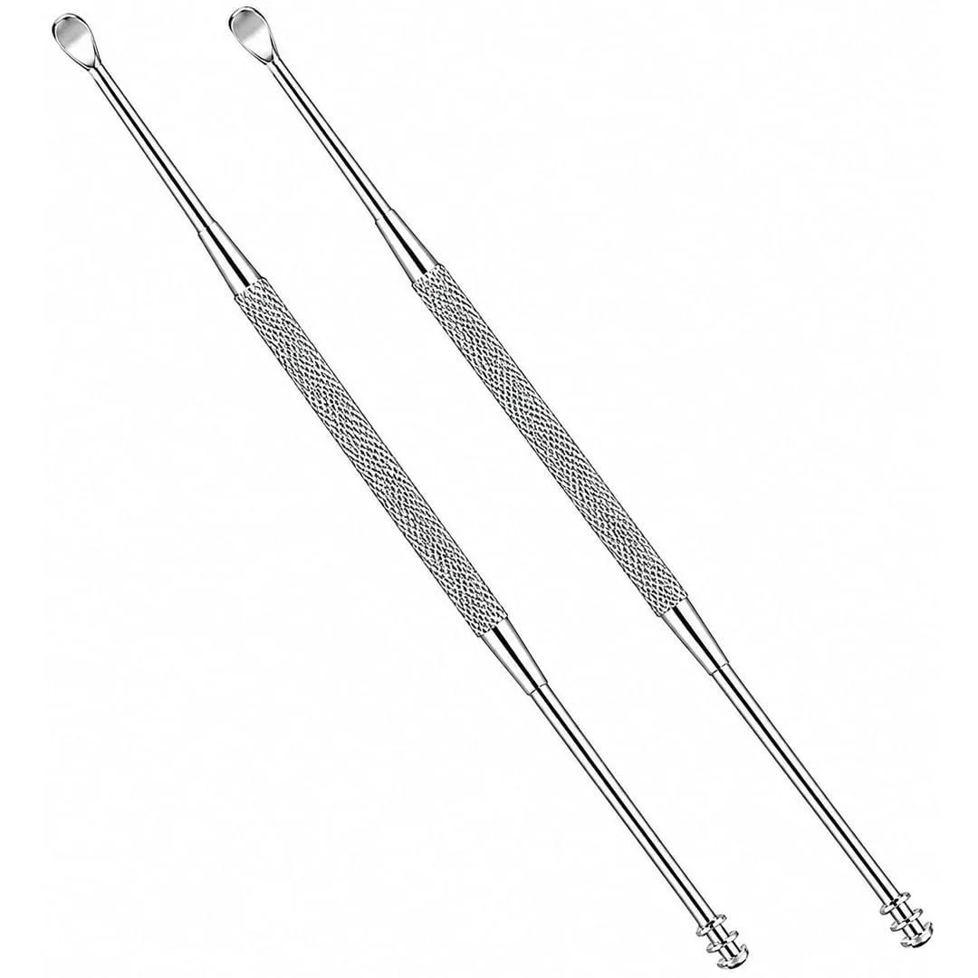 Two stainless steel double-ended spiral ear picks, 4 inches long