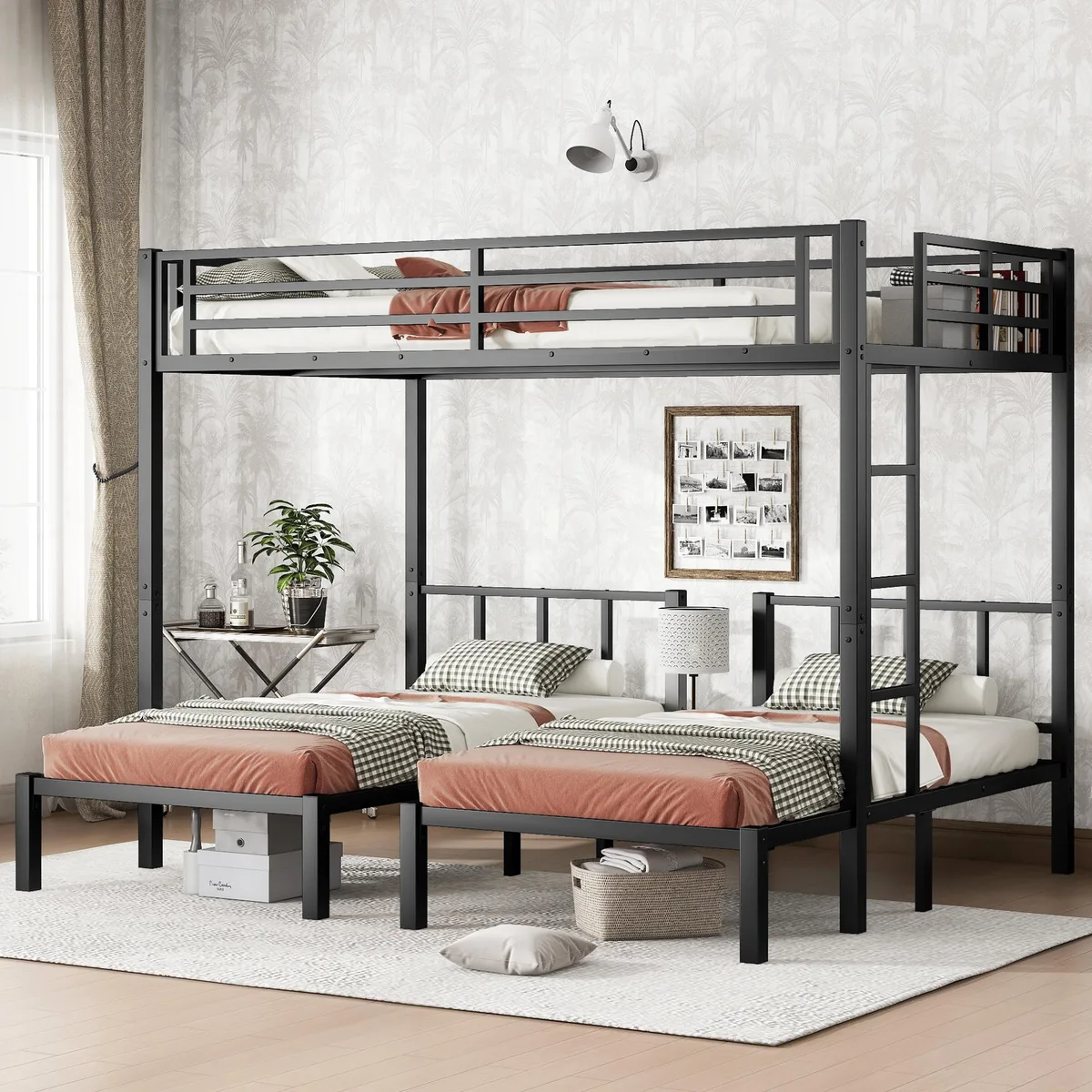 Black metal triple bunk bed with guardrails and ladder