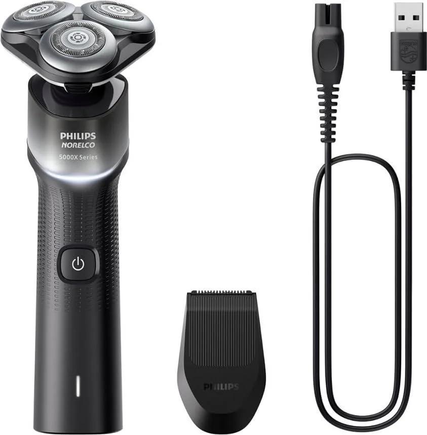 Silver and black rotary electric shaver with three flexible heads, self-standing design and textured ergonomic grip