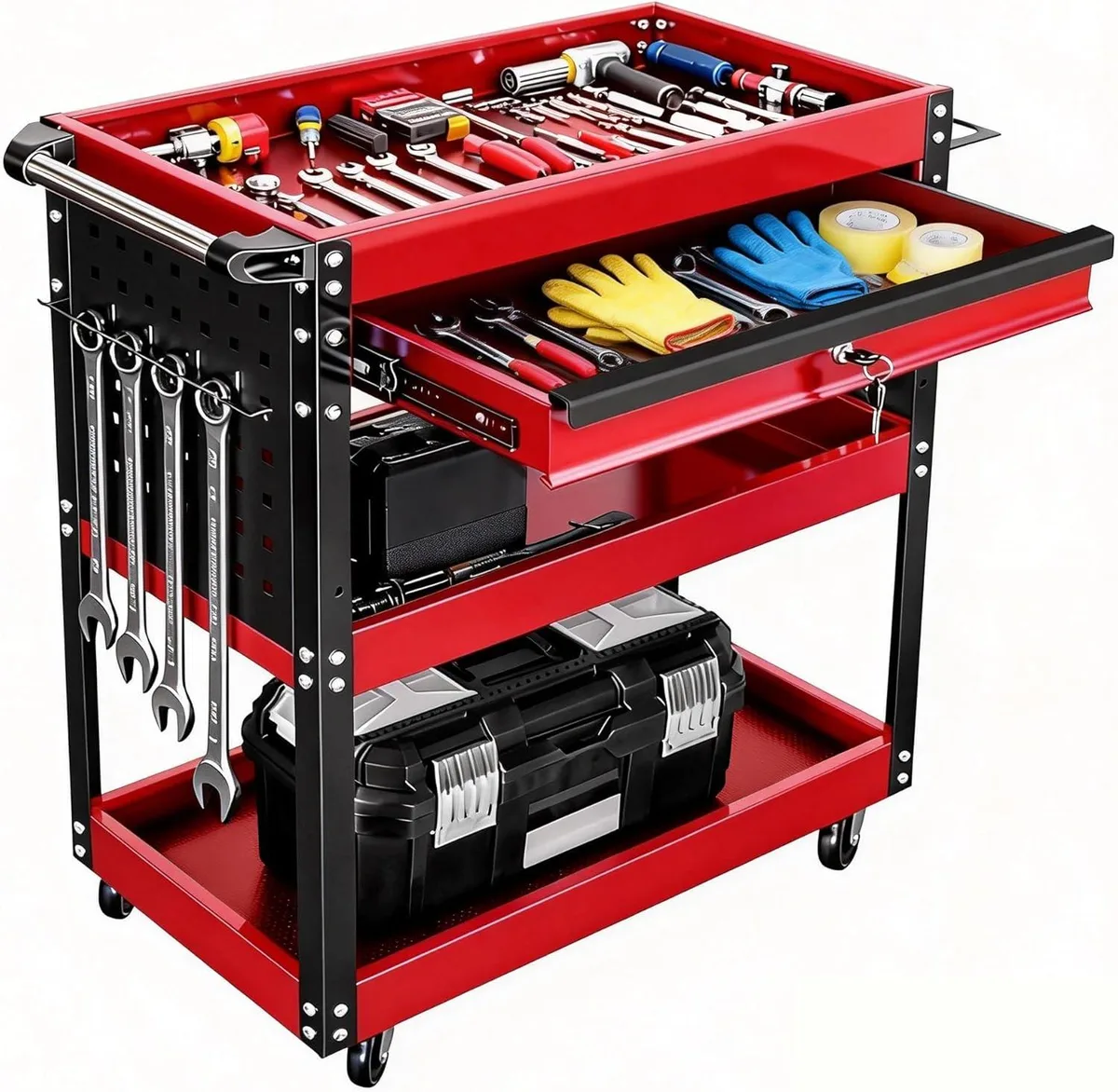 BFKK BFKK 3-Tier Tool Cart with Wheels, 400 lbs Load Capacity, Drawer &amp; Pegboard, Black &amp; Red — product photo