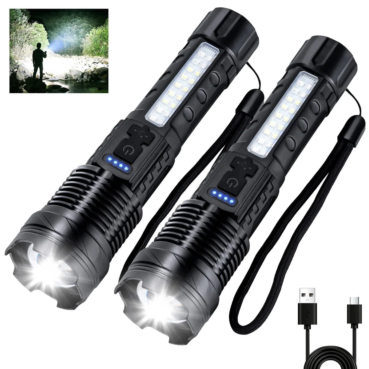 Two cylindrical black flashlights with USB-C ports and side COB lights