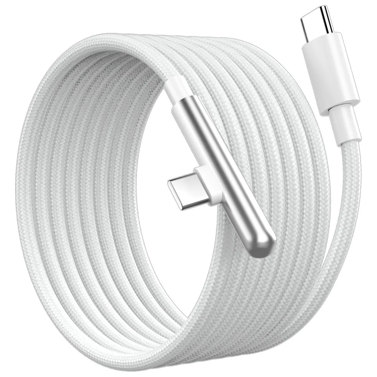 Orange nylon-braided USB-C cable with right-angle metal connector, 16 ft long
