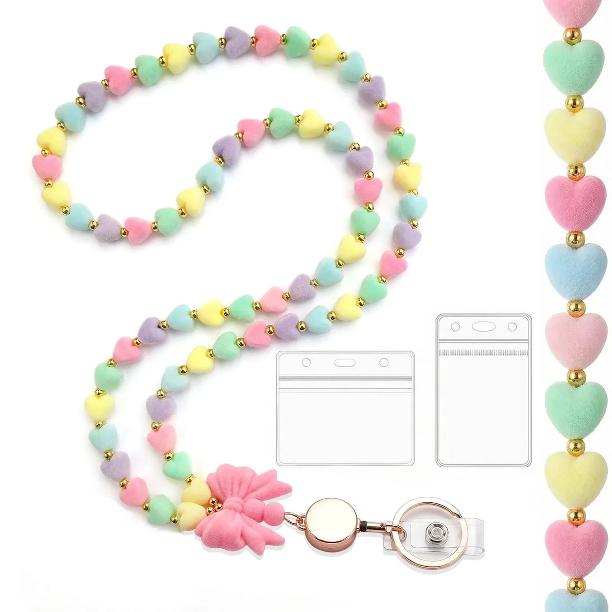 Horee Flocked Heart Beaded Lanyard with Retractable Reel 12.6 in Colorful — product photo