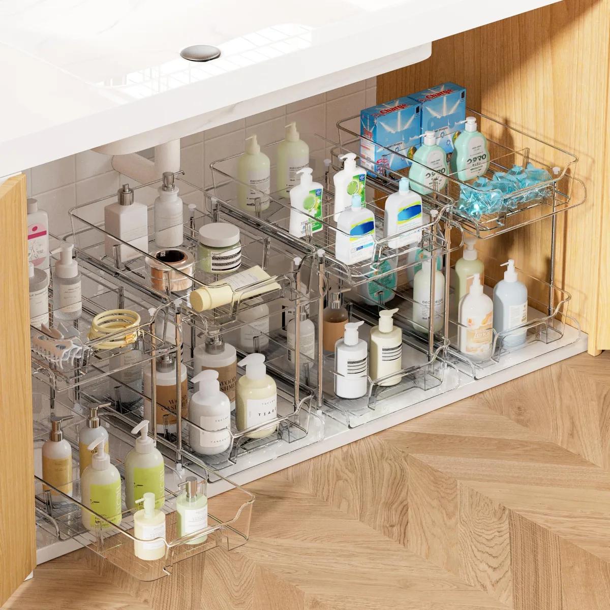 Four black two-tier storage units with clear drawers and removable dividers