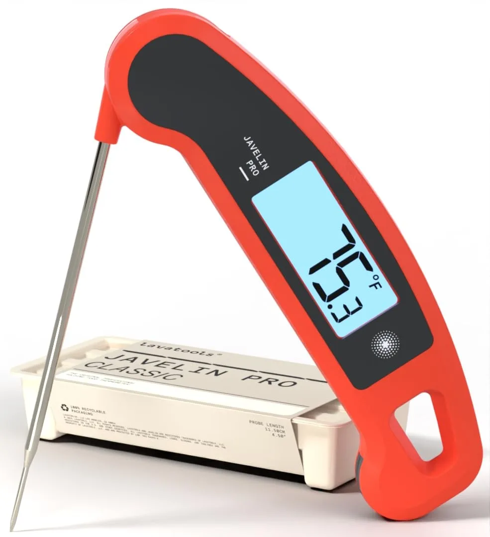 Red digital instant-read thermometer with fold-out probe and large auto-rotating backlit display