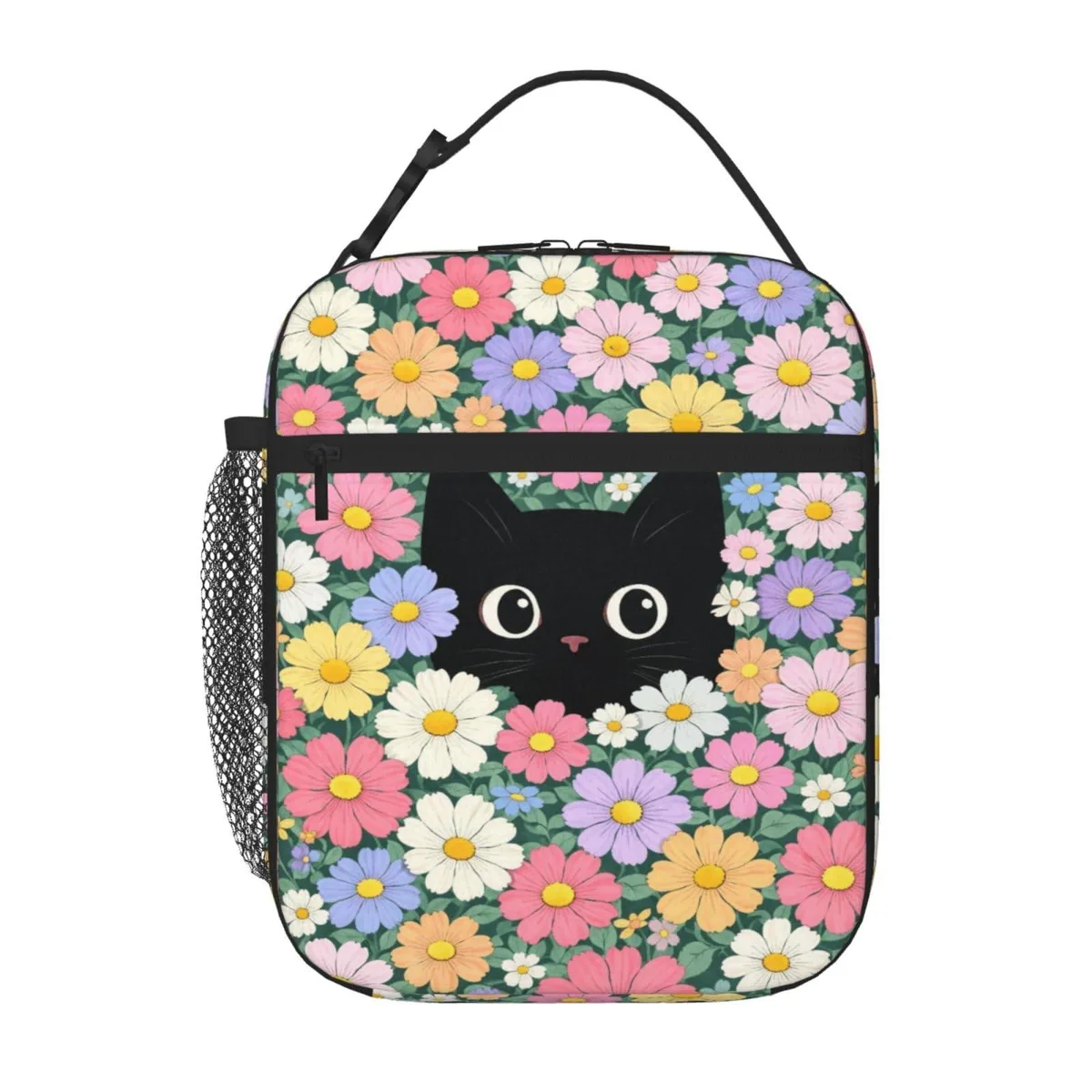 Beige polyester lunch bag with cat flower print, detachable handle, insulated main compartment, front zip pocket, side mesh pocket