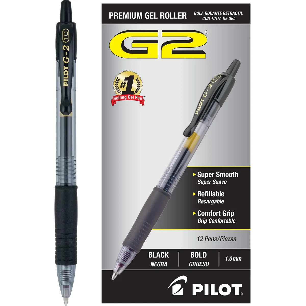 Twelve black Pilot G2 gel pens with clear barrels and rubber grips